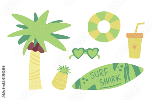 Summer beach clipart. Cartoon hand drawn flat isolated vector holidays vacation set with life preserver, surfboard, palm tree, coconuts, pineapple, drink