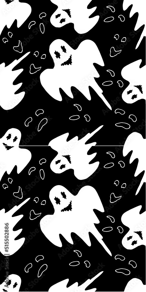 Hand drawn seamless Halloween pattern. White ghosts  on a black background. Vector illustration.