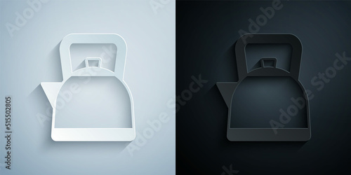 Paper cut Kettle with handle icon isolated on grey and black background. Teapot icon. Paper art style. Vector