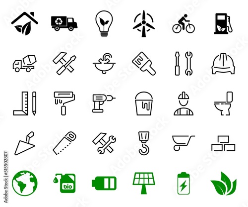 Set of construction icons, simple vector lines, contains the following icons: builder, roller, hammer with wrench, toilet bowl and much more. Editable stroke. 48x48 pixels perfect, white background