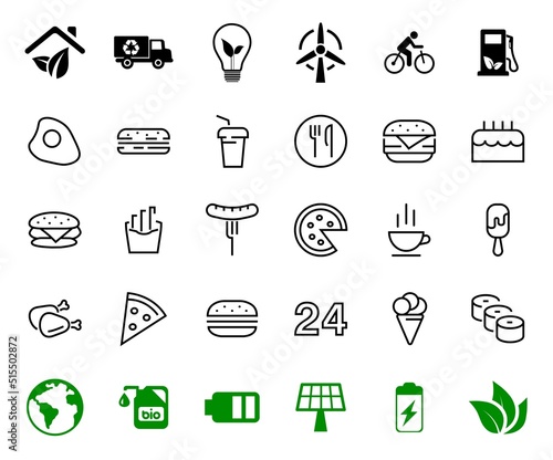 A simple set of fast food icons related to the vector line. Contains icons such as pizza, burger, sushi, bike, scrambled eggs and more. EDITABLE stroke. EPS 10
