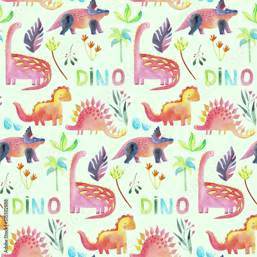 Pattern with dinosaurs watercolor cartoon style