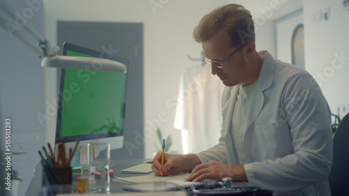 Therapist working mockup screen computer checking patient lungs x-ray close up.