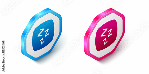 Isometric Sleepy icon isolated on white background. Sleepy zzz talk bubble. Hexagon button. Vector