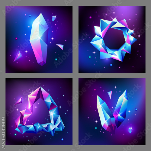 Abstract trendy cosmic poster set with crystal gems frame and pyramid geometric shapes in space. Neon galaxy background. 80s style. Poster with polygon pyramid or crystal. Vector illustration.