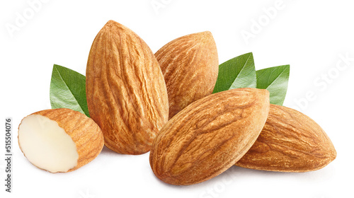 Almonds with leaves, isolated on white background