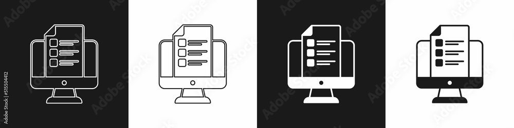 Set Online quiz, test, survey or checklist icon isolated on black and white background. Exam list. E-education concept. Vector Set Online quiz, test, survey or checklist icon isolated on black and white background. Exam list. E-education concept. Vector