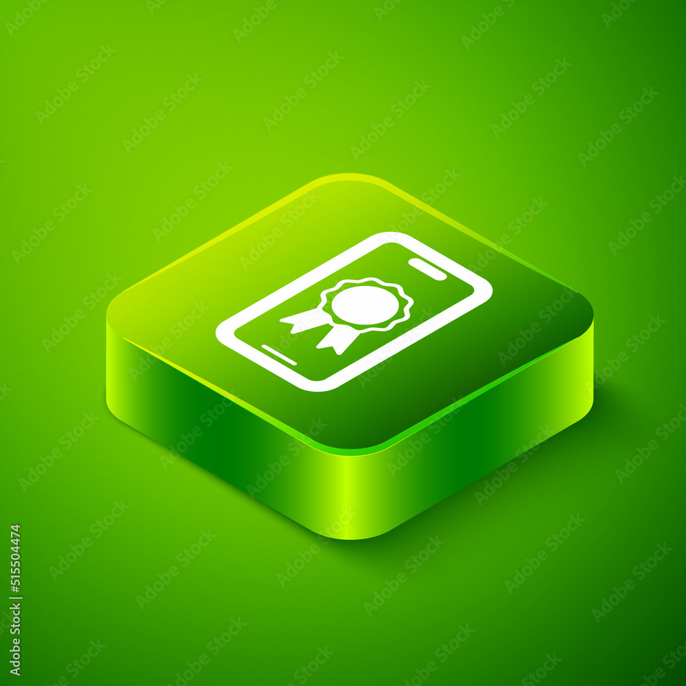 Isometric Online education with diploma icon isolated on green background. Diploma online at home. Webinar and video seminar learning. Green square button. Vector Isometric Online education with diploma icon isolated on green background. Diploma online at home. Webinar and video seminar learning. Green square button. Vector
