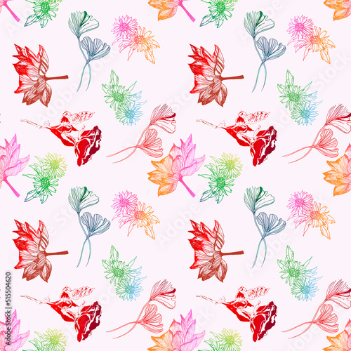 Pattern con fiori e foglie multicolore su sfondo lilla