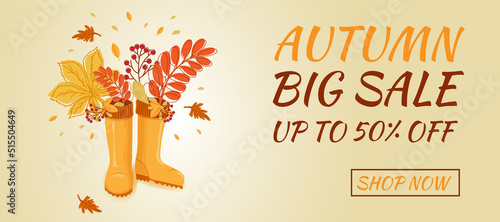 Autumn sale banner. Hello autumn. Rubber boots with autumn leaves.
