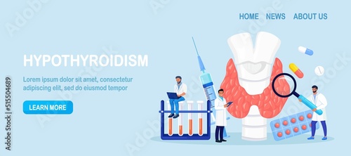 Endocrinologists diagnose and treat human thyroid gland. Doctors make blood test on hormones. Hypothyroidism, hyperthyroidism concept. Thyroid examination. Health and medical treatment