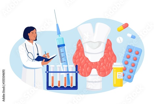 Endocrinologists diagnose and treat human thyroid gland. Doctors make blood test on hormones. Hypothyroidism, hyperthyroidism concept. Thyroid examination. Health and medical treatment