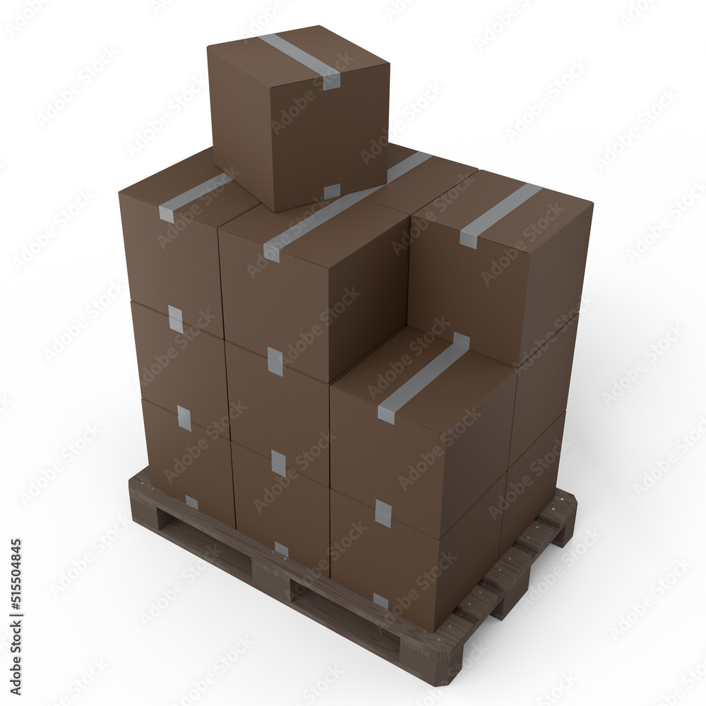Set of wooden pallet for warehouse cargo storage with cardboard boxes on white Set of wooden pallet for warehouse cargo storage with cardboard boxes on white