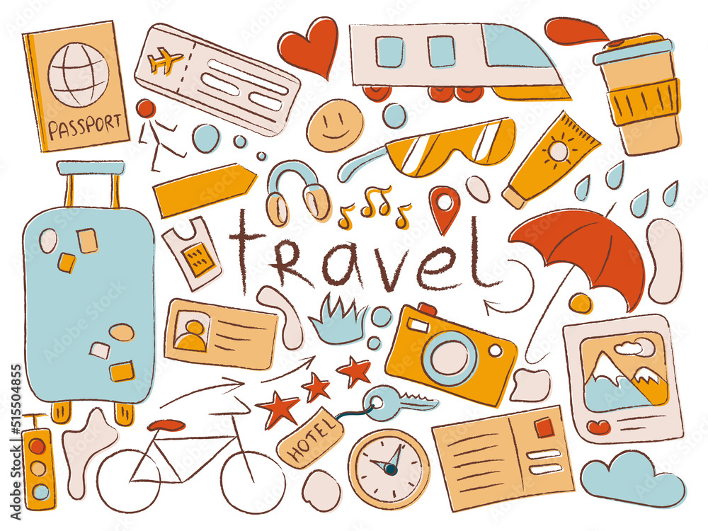 A set of objects on the theme of travel and vacation with the inscription travel. Tourism, transport, weather, items. Vector illustration