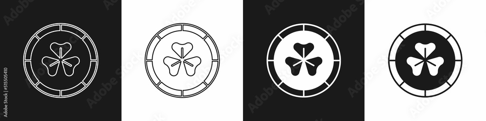 Set Golden leprechaun coin with clover trefoil leaf icon isolated on black and white background. Happy Saint Patricks day. National Irish holiday. Vector Set Golden leprechaun coin with clover trefoil leaf icon isolated on black and white background. Happy Saint Patricks day. National Irish holiday. Vector