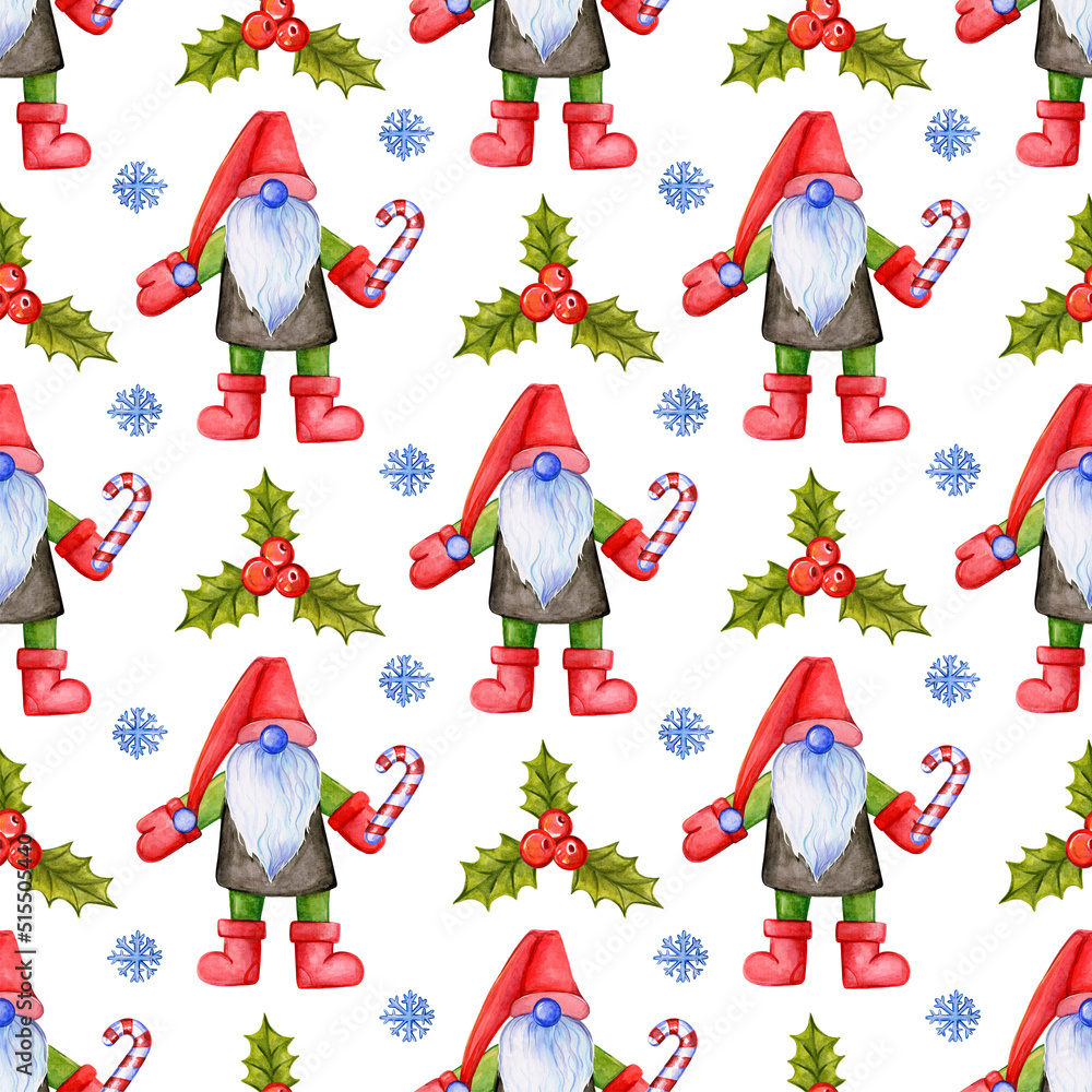 Naklejka premium Seamless repetitive pattern with cute Christmas gnomes and fur trees and decorations depicted on white background