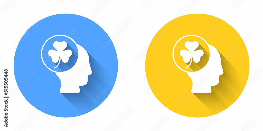 White Human head with clover trefoil leaf icon isolated with long shadow background. Happy Saint Patricks day. National Irish holiday. Circle button. Vector White Human head with clover trefoil leaf icon isolated with long shadow background. Happy Saint Patricks day. National Irish holiday. Circle button. Vector