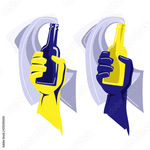 Molotov cocktail in human hand in blue and yellow color vector illustration.Hand holding Molotov cocktail,Sign of Ukrainian resistance in the war against Russia.Abstract patriotic concept art.