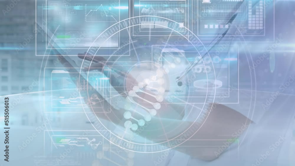 Animation of dna rotating over digital screen with data and hands of caucasian woman using tablet Animation of dna rotating over digital screen with data and hands of caucasian woman using tablet
