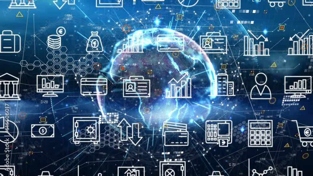 Animation of financial icons moving over globe with connections on navy background Animation of financial icons moving over globe with connections on navy background