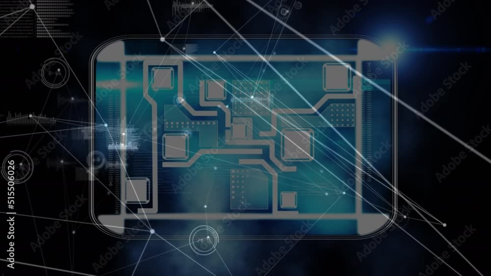 Animation of network of connections over integrated circuit on black background Animation of network of connections over integrated circuit on black background