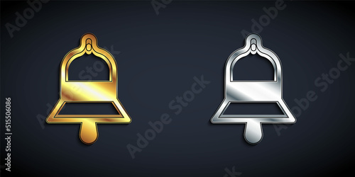 Gold and silver Train station bell icon isolated on black background. Long shadow style. Vector