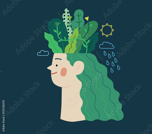 Ecology - Think green -Modern flat vector concept illustration of a young woman's head planted with trees and flowers, a metaphor of sustainable thinking. Creative landing web page template