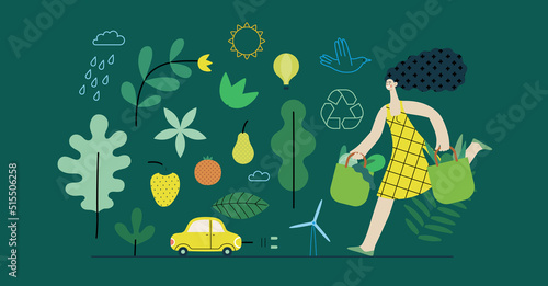 Ecology - Sustainable thinking -Modern flat vector concept illustration, woman with eco bags, electric car, sustainable transport, solar and wind energy, plants. Creative landing web page template