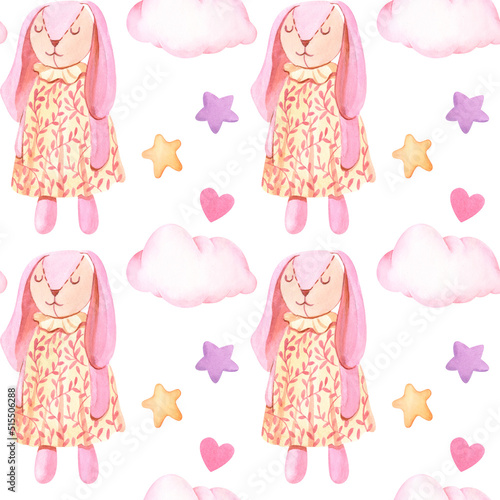 Watercolor seamless cute pattern bunnies retro toy and stars, clouds. Isolated on white background. Hand drawn clipart. Perfect for card, fabric, tags, invitation, printing, wrapping, textile.