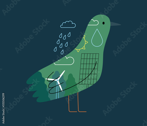 Ecology - Earth day -Modern flat vector concept illustration of a bird filled with ecological symbols of sustainable energy and plants. Creative landing web page template