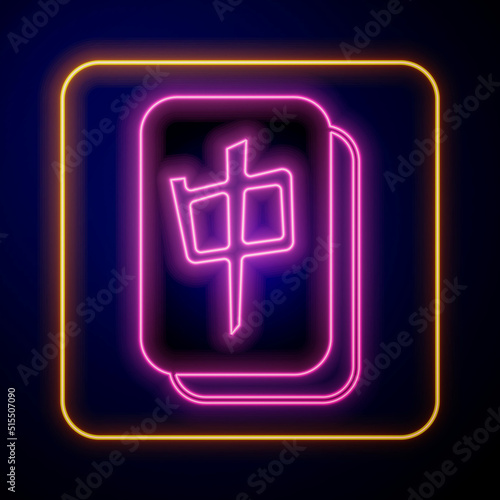 Glowing neon Mahjong pieces icon isolated on black background. Chinese mahjong red dragon game emoji. Vector