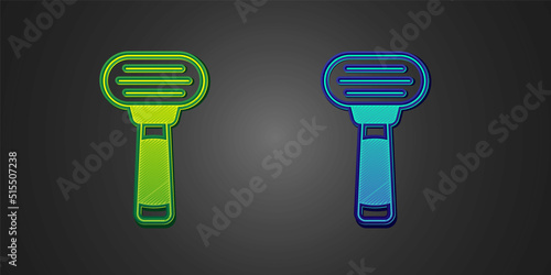 Green and blue Shaving razor icon isolated on black background. Vector