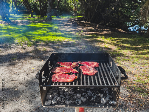 There is meat on the grill. Barbecue for the holiday. American Weekend. Soft focus