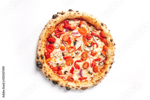 Top view of pizza topped with tomato, red pepper, red onion and mushrooms on a white background