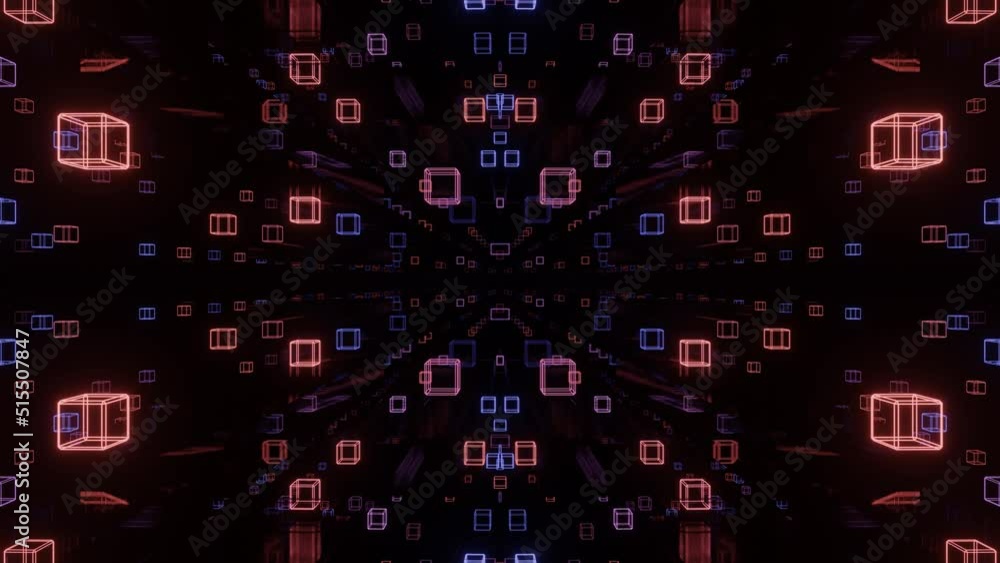 Fly through symmetrical tunnel with neon glow 3d objects, sci fi glow pattern. Bright reflection neon light. Simple bright background, sci fi structure. 4k seamless looped animation. Fly through symmetrical tunnel with neon glow 3d objects, sci fi glow pattern. Bright reflection neon light. Simple bright background, sci fi structure. 4k seamless looped animation.