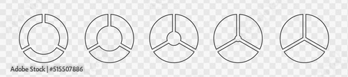 Outline donut charts segmented on 3 equal parts. Set of infographic wheels divided in three sections. Round diagrams or loading bars isolated on transparent background. Vector graphic illustration