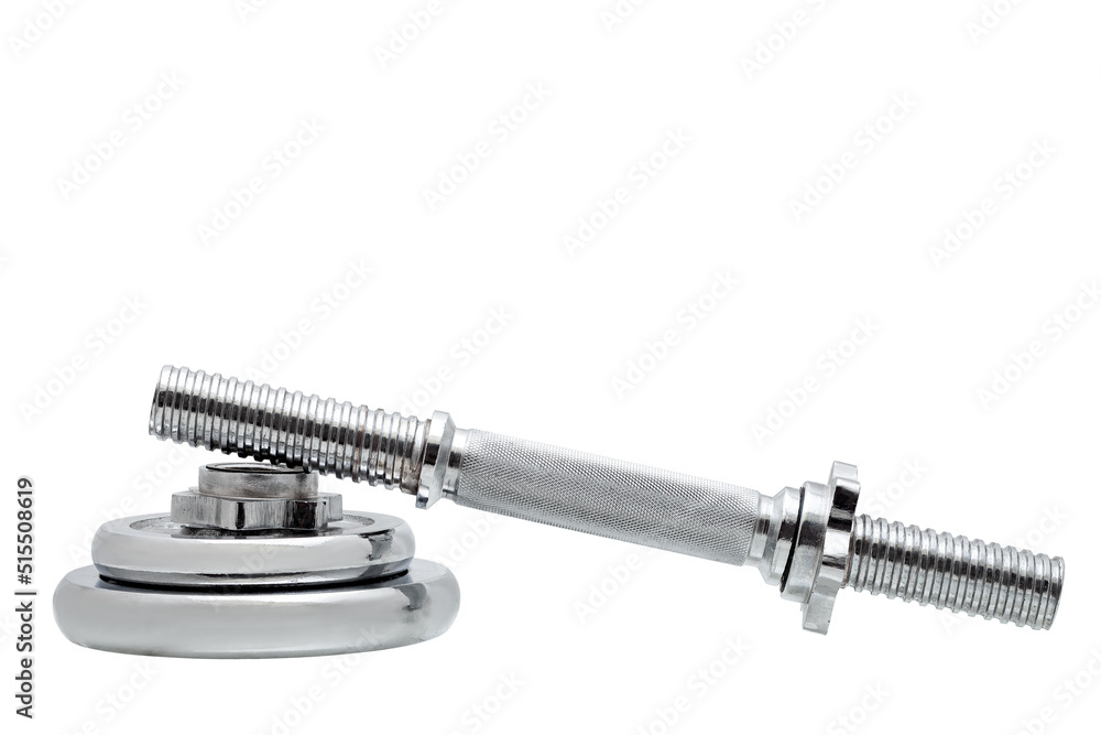 Professional dumbbell set of adjustable dumbbells from stainless steel, disassembled sporting equipment consisting of a threaded rod and extra weight pancakes isolated on white view, nobody.