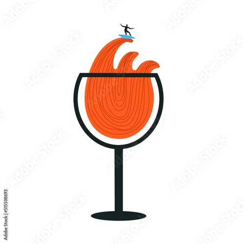 Vector illustration with glass of red wine with waves and surfer on surfboard. Funny vacation and surfing sport print design
