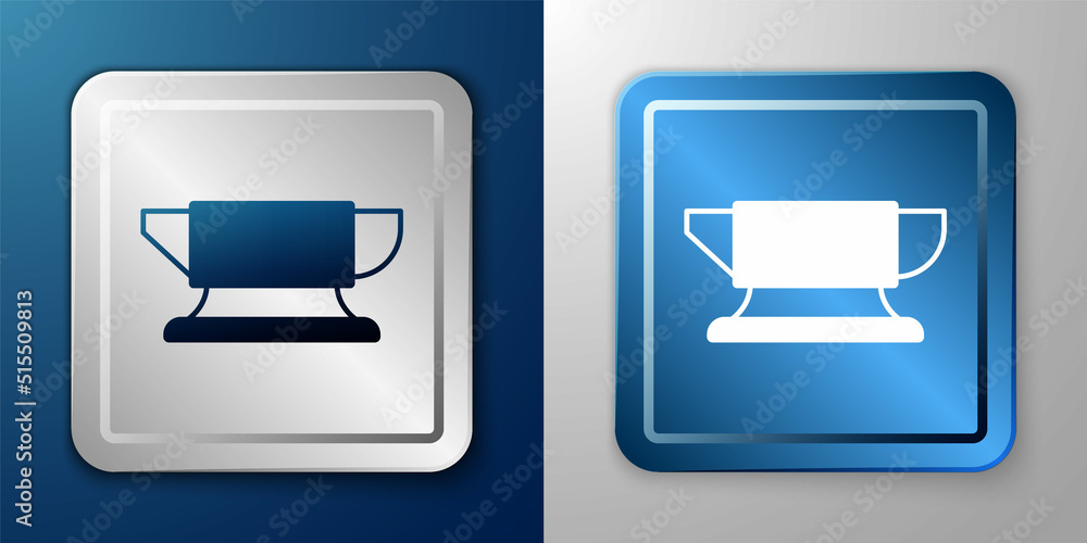 White Blacksmith anvil tool icon isolated on blue and grey background. Metal forging. Forge tool. Silver and blue square button. Vector White Blacksmith anvil tool icon isolated on blue and grey background. Metal forging. Forge tool. Silver and blue square button. Vector