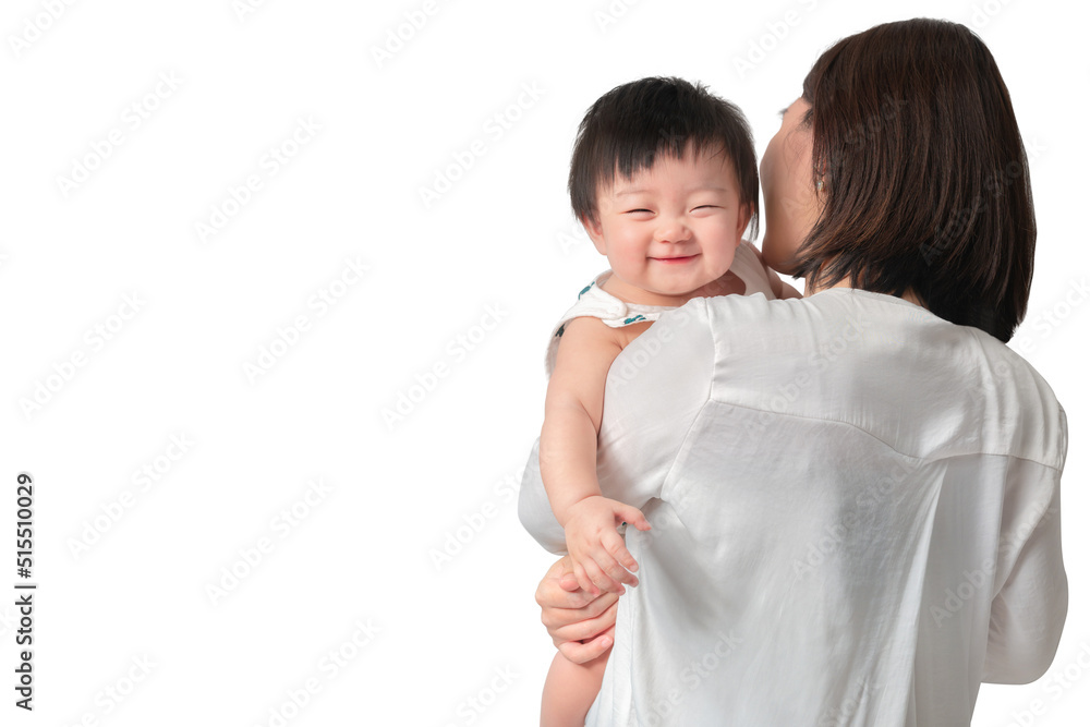 Happy asian woman holding little asian girl with smile, Mother and daughter laughing, isolate on white background, With clipping path. Happy asian woman holding little asian girl with smile, Mother and daughter laughing, isolate on white background, With clipping path.