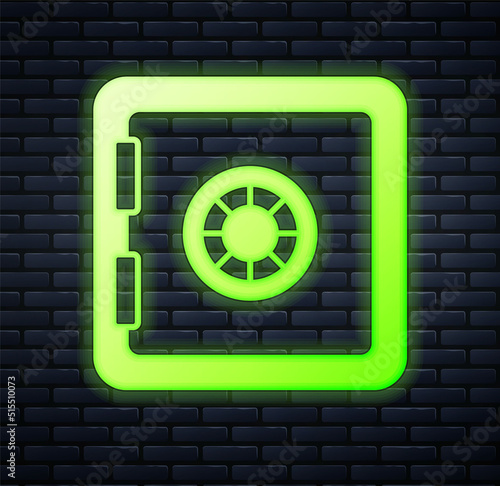 Glowing neon Safe icon isolated on brick wall background. The door safe a bank vault with a combination lock. Reliable Data Protection. Vector