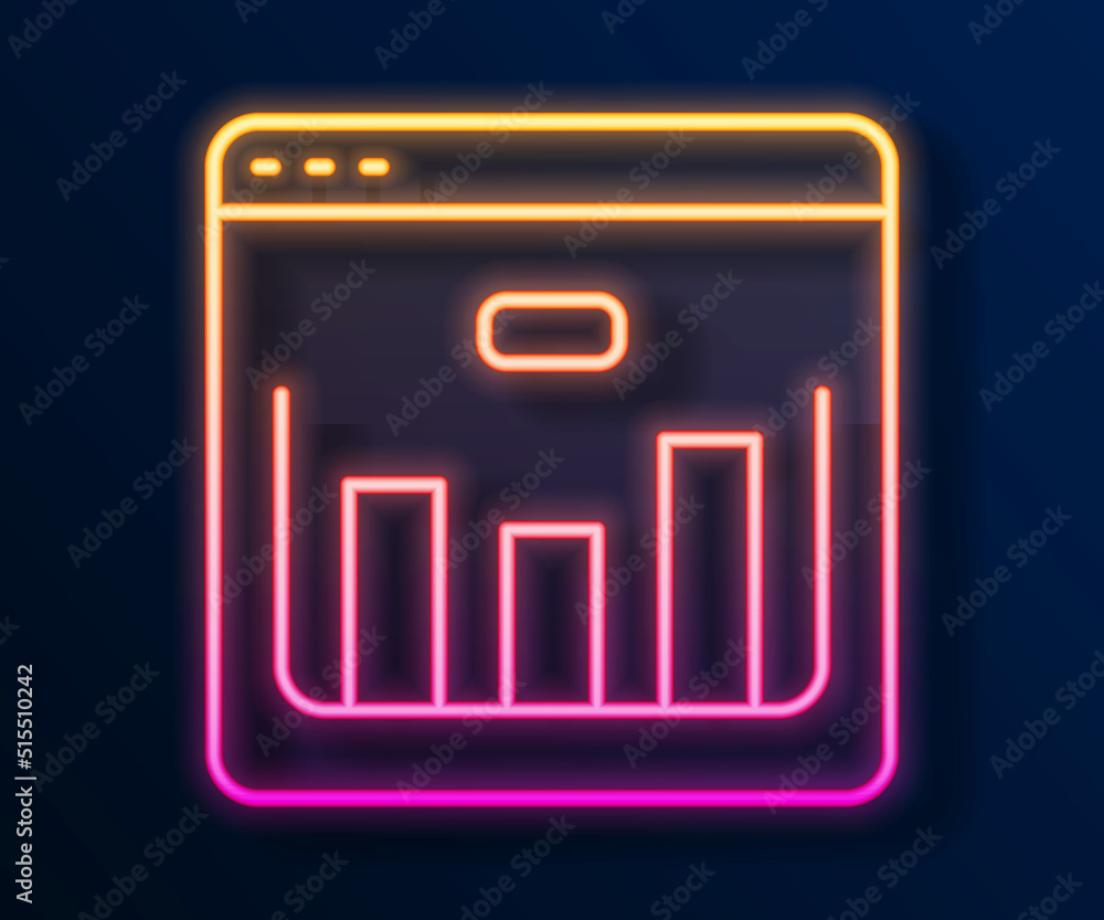 Glowing neon line Browser with stocks market growth graphs and money icon isolated on black background. Monitor with stock charts arrow on screen. Vector Glowing neon line Browser with stocks market growth graphs and money icon isolated on black background. Monitor with stock charts arrow on screen. Vector