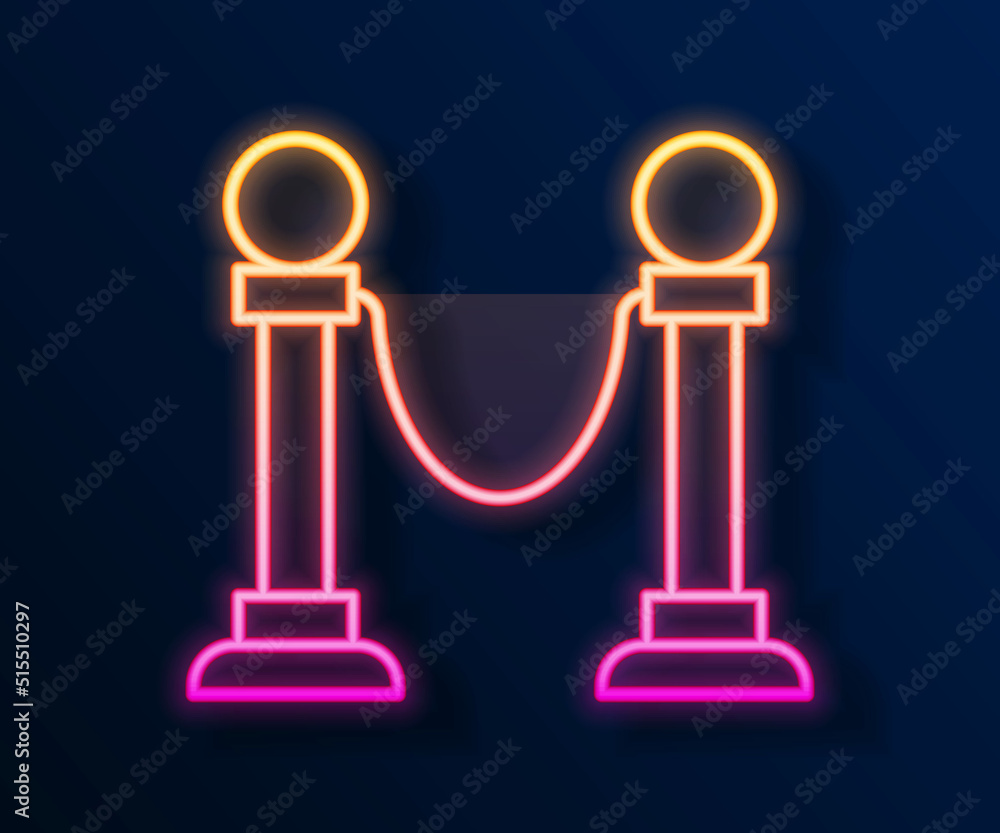 Glowing neon line Rope barrier icon isolated on black background. VIP event, luxury celebration. Celebrity party entrance. Vector Glowing neon line Rope barrier icon isolated on black background. VIP event, luxury celebration. Celebrity party entrance. Vector