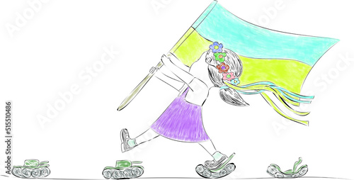 A brave Ukrainian girl holds a flag and destroys tanks. Vector illustration. A woman is sad, feeling despair and anxiety because of a military conflict