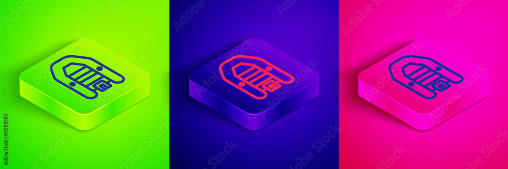 Isometric line Inflatable boat with outboard motor icon isolated on green, blue and pink background. Square button. Vector