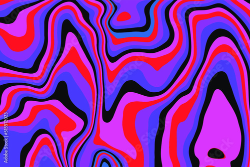 Trippy glitch background in style of psychedelic 60s and 70s parties with bright acidic rainbow colors and a winding geometric wavy pattern.