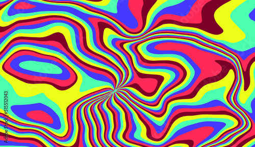 Trippy glitch background in style of psychedelic 60s and 70s parties with bright acidic rainbow colors and a winding geometric wavy pattern.