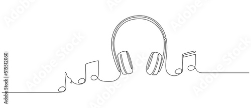Continuous one line drawing of headphones with music notes. Headset gadget and earphones devices in simple linear style. Editable stroke. Doodle vector illustration