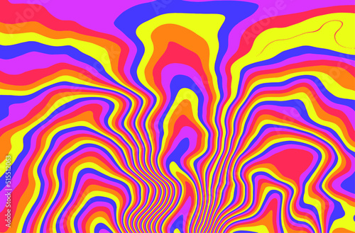 Trippy glitch background in style of psychedelic 60s and 70s parties with bright acidic rainbow colors and a winding geometric wavy pattern.