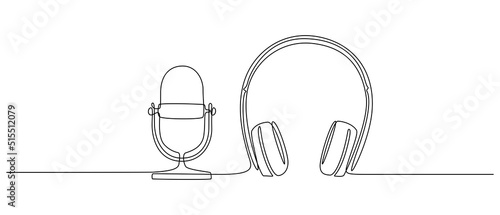 Continuous one line drawing of headphones speaker and microphone for podcast web banner. Music gadget mic and earphones devices in simple linear style. Editable stroke. Doodle vector illustration